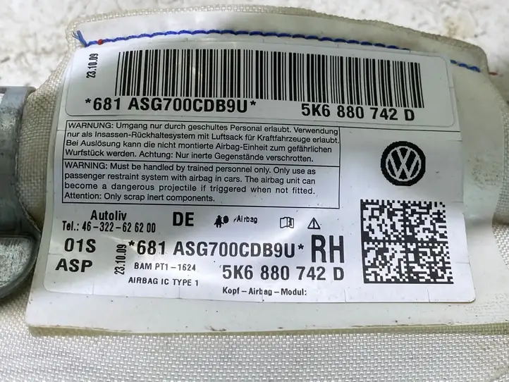 Volkswagen Golf VI (2009 - 2013) 5K6880742D Боковая подушка безопасности шторка — фото 2
