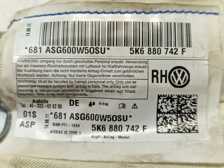 Volkswagen Golf VI (2009 - 2013) 5K6880742F Боковая подушка безопасности шторка — фото 3