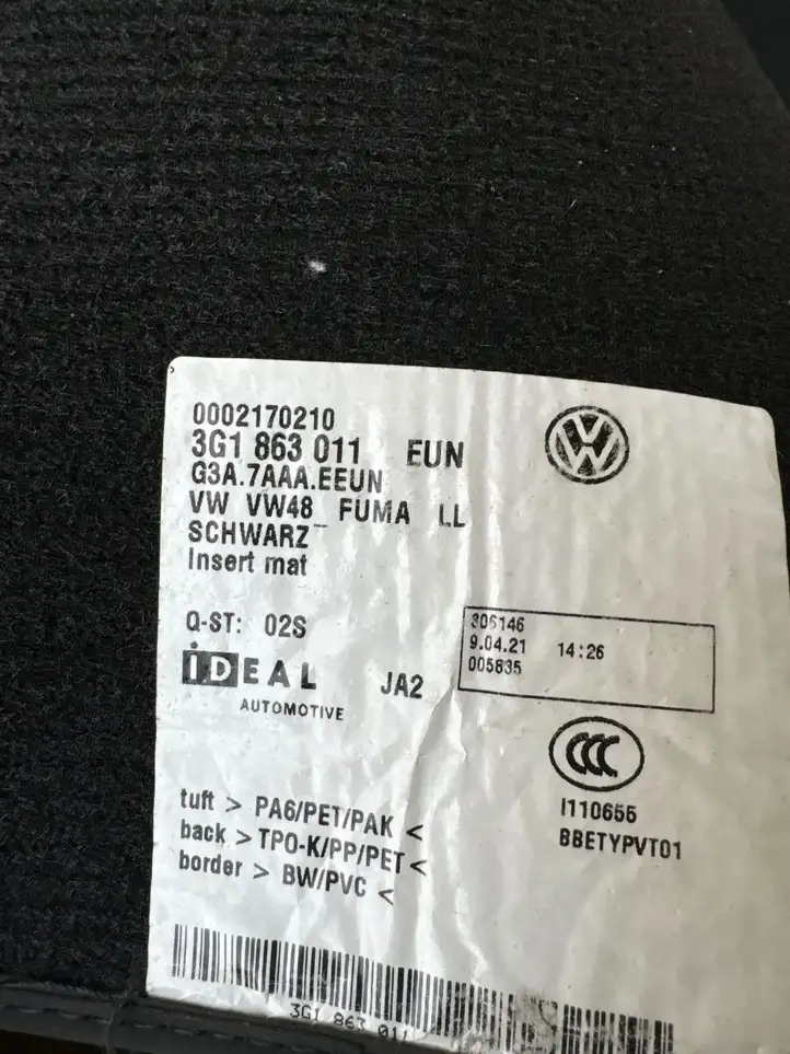 Volkswagen PASSAT B8 (2015 - ) 3G1863011 Задний коврик салона — фото 7