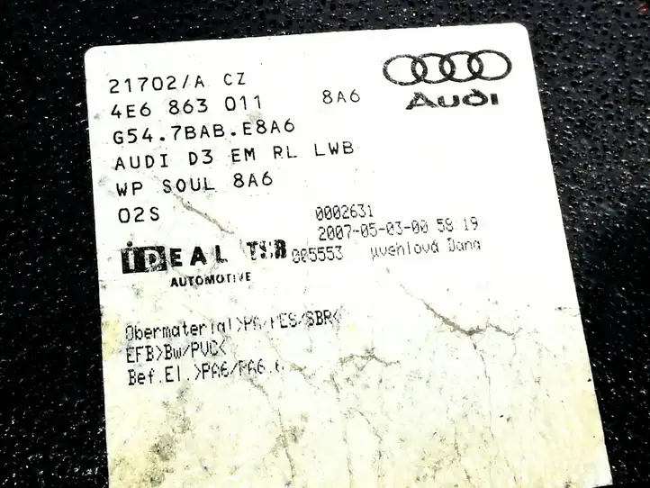 Audi A8 S8 D3 4E (2007 - 2010) 4E6863011 Задний коврик салона — фото 2