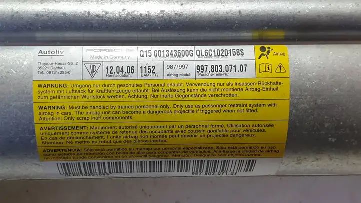 Porsche Boxster 987 (2005 - 2012) 99780307107 Подушка безопасности пассажира — фото 2