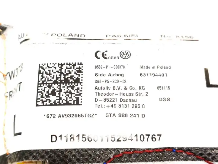 Volkswagen Touran III (2016 - ) 5TA880241D Подушка безопасности сиденья — фото 2
