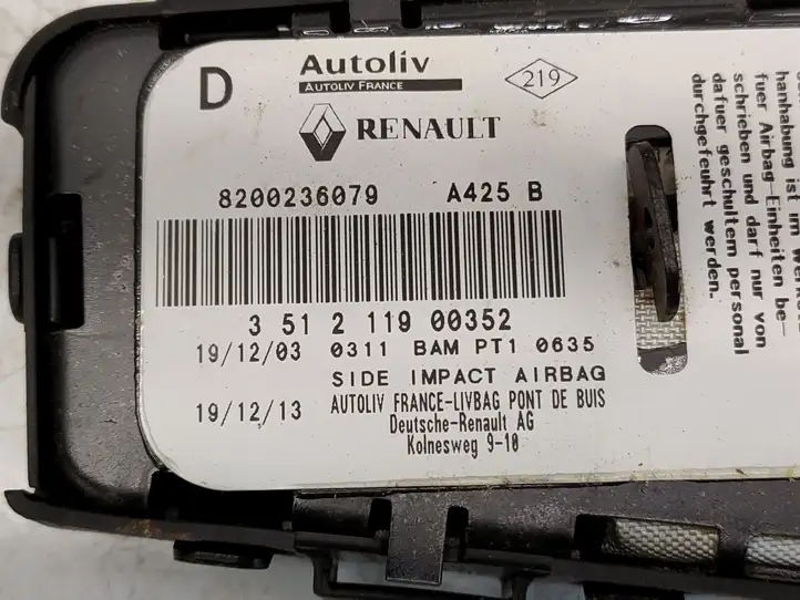 Renault Laguna II (2001 - 2005) 8200236079 Боковая подушка безопасности (стойка) — фото 8