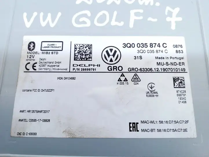 Volkswagen Golf VII (2013 - 2019) 3Q0035874C Блок навигации GPS — фото 3