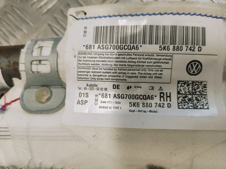 Volkswagen Golf VI (2009 - 2013) 5K6880742D Боковая подушка безопасности шторка — фото 4