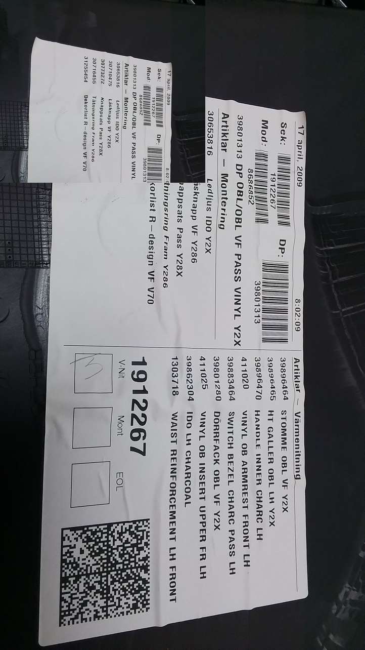 Volvo S80 (2006 - 2009)  30649483 Обшивка передней двери