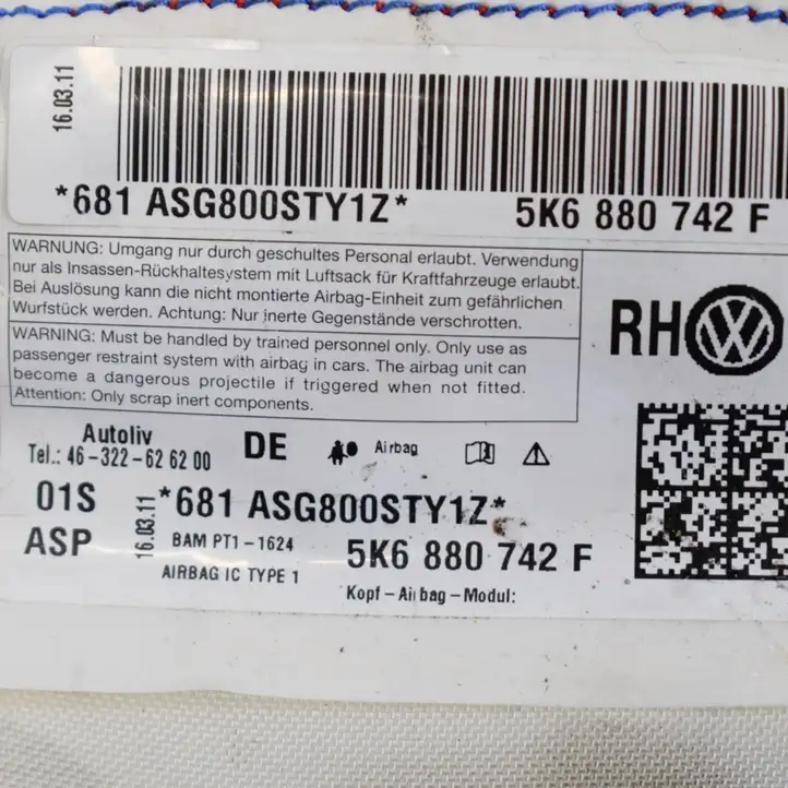Volkswagen Golf VI (2009 - 2013) 5K6880742F Боковая подушка безопасности шторка — фото 5