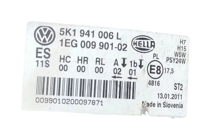 Volkswagen Golf VI (2009 - 2013) 5K1941006L Передняя фара — фото 2