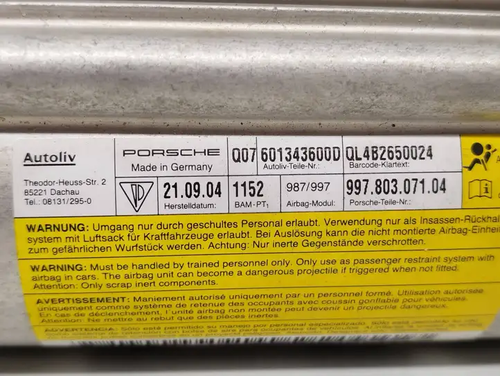 Porsche 911 997 (2004 - 2013) 99780307104 Подушка безопасности пассажира — фото 3