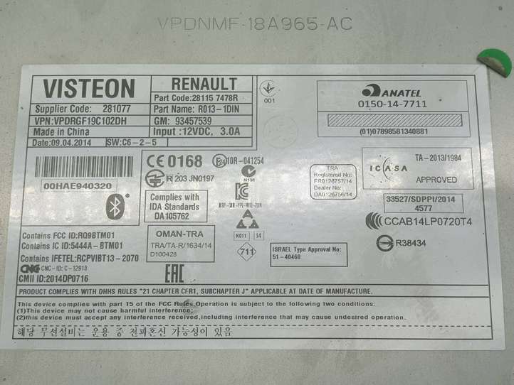Renault Trafic III (X82) (2014 - )  0150147711 Радио/ проигрыватель CD/DVD / навигация