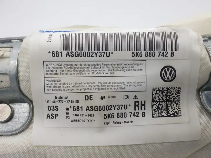 Volkswagen Golf VI (2009 - 2013) 5K6880742B Боковая подушка безопасности шторка — фото 3