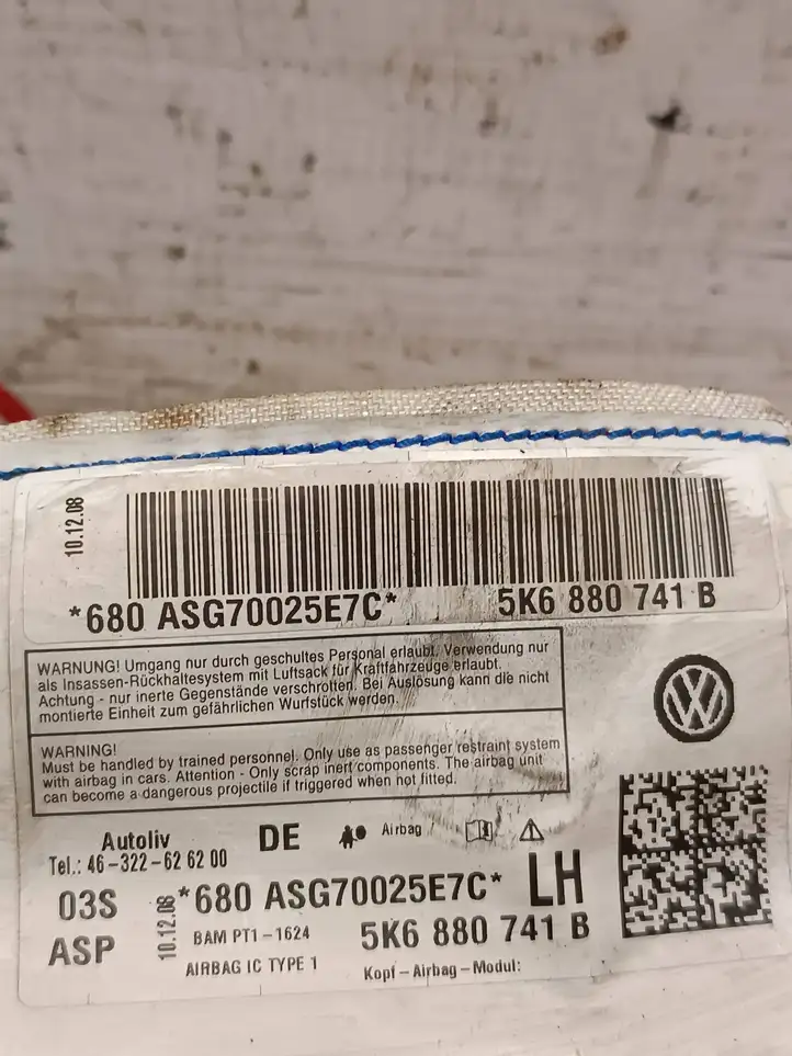 Volkswagen Golf VI (2009 - 2013) 5K6880741B Боковая подушка безопасности шторка — фото 3